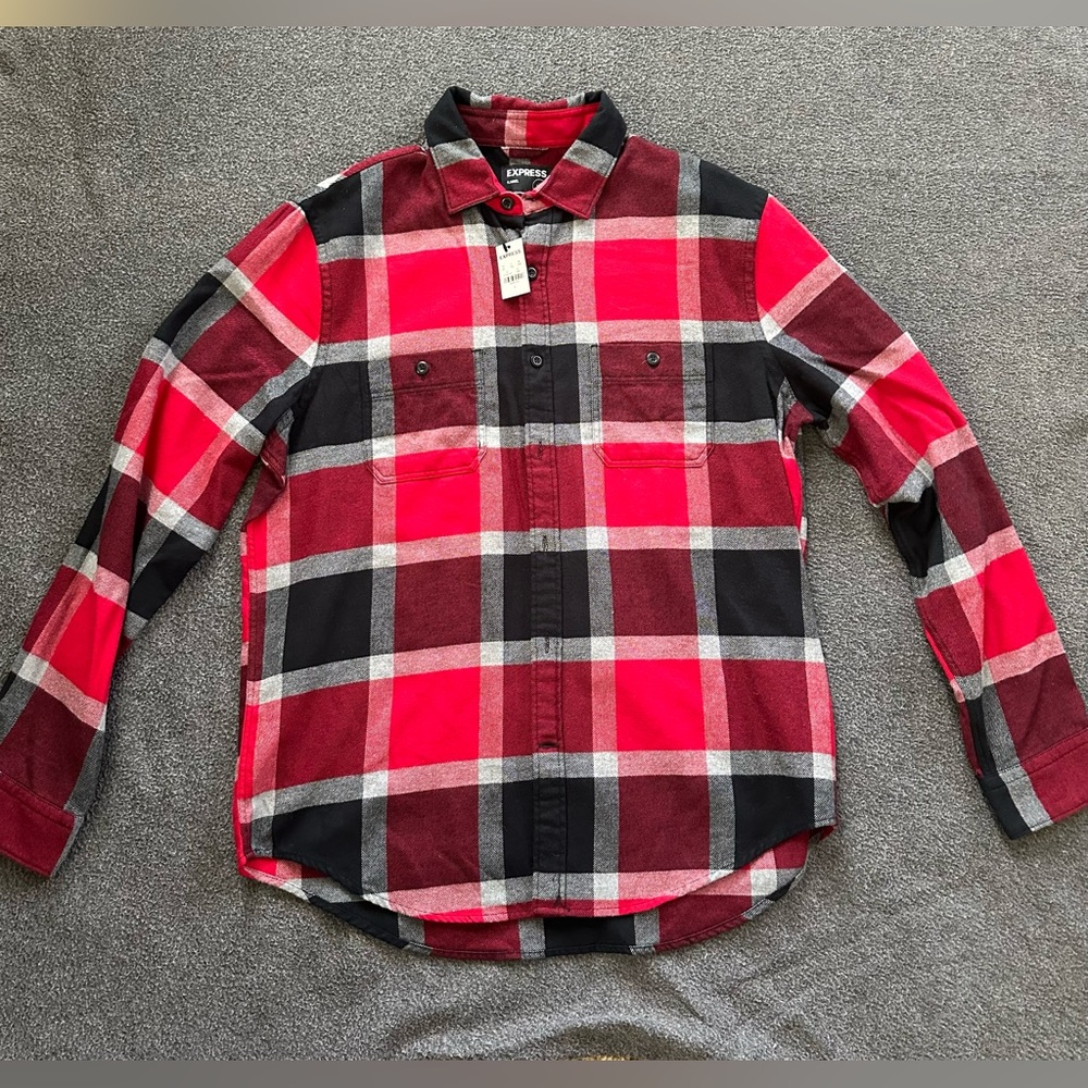 Express Red and Black Plaid Button Down Shirt